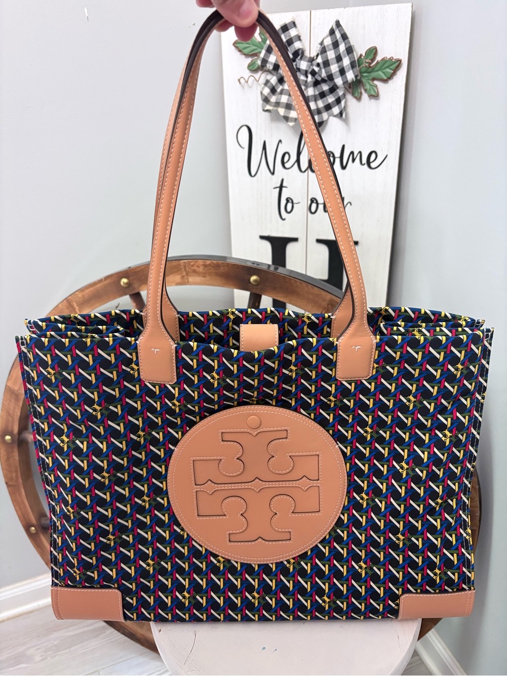 TORY BURCH INFINITY T Ella large tote with leather trim NWOT